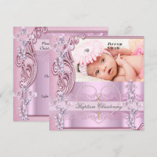 Invitation Joli Baptême Rose Girl Photo Papillon Croix