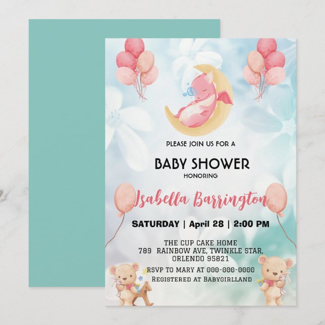 Invitation Joli bébé dragon dinosaure Bear Balloon baby showe (Devant / Derrière)