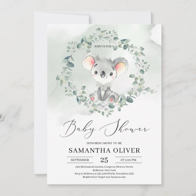 Invitation Joli bébé koala vert eucalyptus Baby shower (Devant)