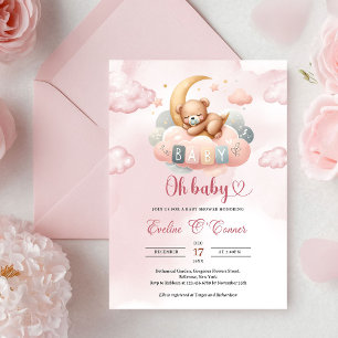 Invitation Joli bébé ours en peluche dormant sur la lune
