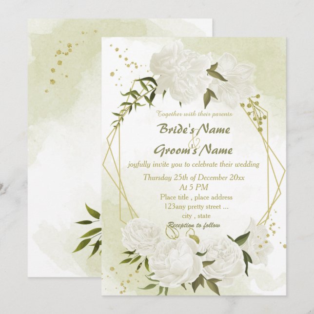 Invitation joli blanc fleurs verdure mariage géométrique (Devant / Derrière)