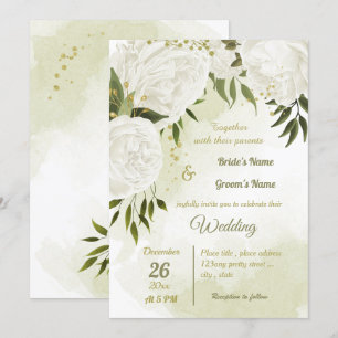 Invitation joli blanc fleurs verdure mariage géométrique