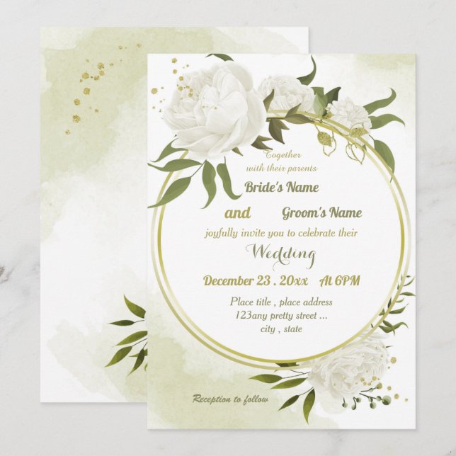 Invitation joli blanc fleurs verdure mariage géométrique (Devant / Derrière)