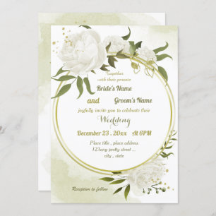 Invitation joli blanc fleurs verdure mariage géométrique