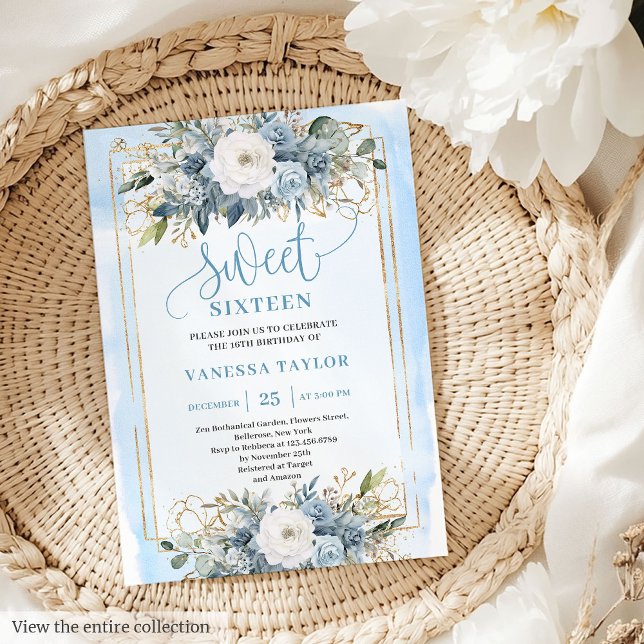 Invitation Joli bleu bleu bleu blanc or fleurs doux 16 (Pretty Dusty Blue White Gold Flowers Sweet 16 Invitation)
