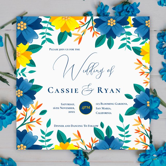 Invitation Joli bleu bleu jaune Floral Mariage romantique (Pretty Bright Blue Yellow Floral Romantic Wedding Invitation)