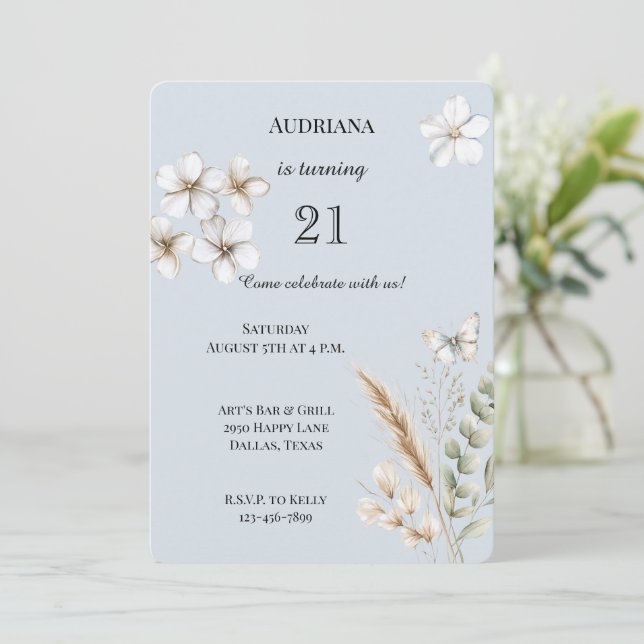 Invitation Joli Bleu Bleu Papillon Floral Anniversaire (Debout devant)