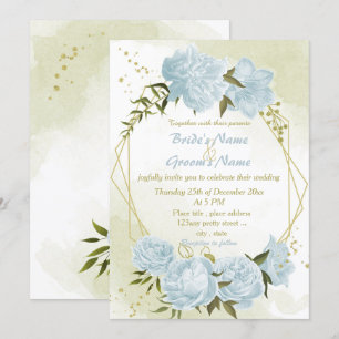 Invitation joli bleu fleurs verdure mariage géométrique