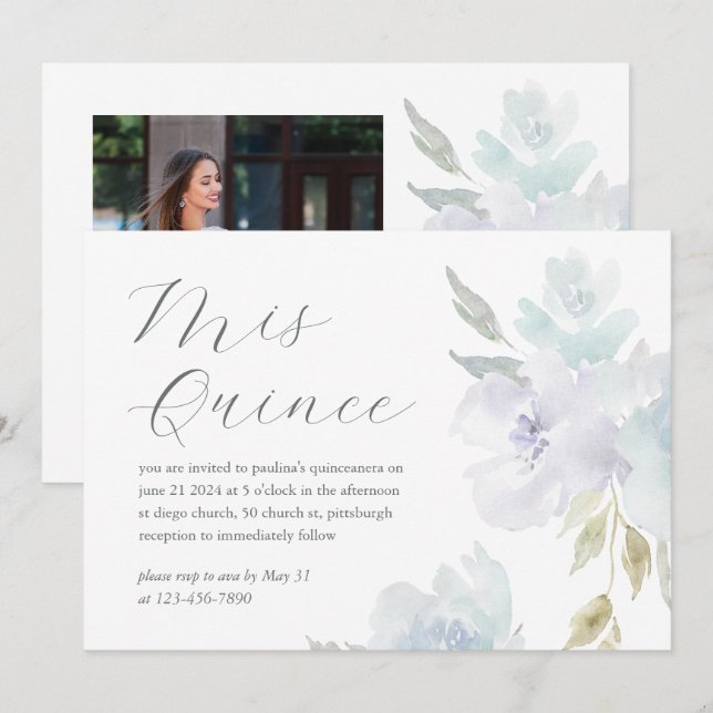 Invitation Joli bleu floral 15e anniversaire Quinceañera Phot (Devant / Derrière)