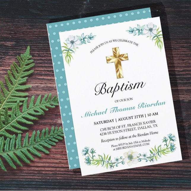 Invitation Joli bleu Floral Gold Cross Boy Baptism (Créateur téléchargé)