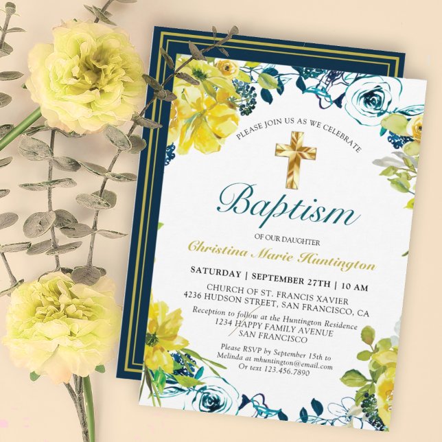 Invitation Joli bleu foncé bleu floral croix or Baptême (Créateur téléchargé)