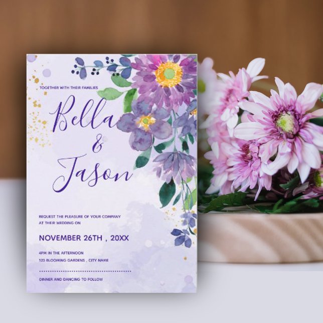 Invitation Joli bleu violet Aquarelle Mariage Floral (Créateur téléchargé)