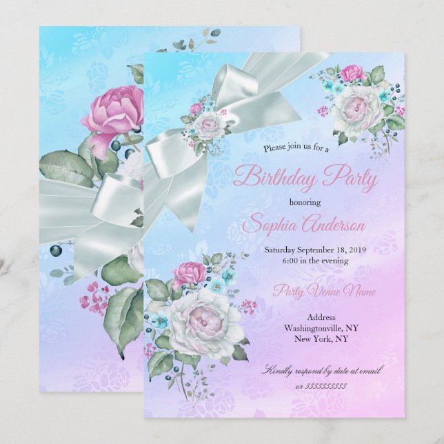 Invitation Joli Blue Floral Turquoise violet rose fête d'anni (Devant / Derrière)