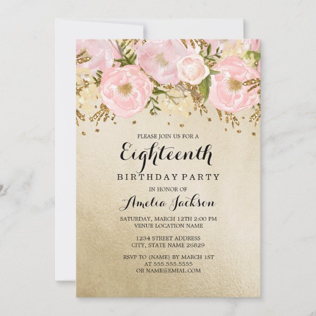 Invitation Joli Blush or rose floral 18e anniversaire (Devant)