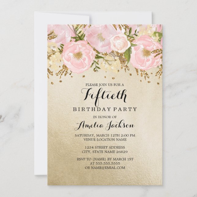 Invitation Joli Blush or rose floral 50e anniversaire (Devant)