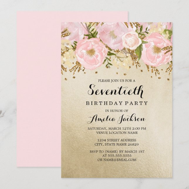 Invitation Joli Blush or rose floral 70e anniversaire (Devant / Derrière)