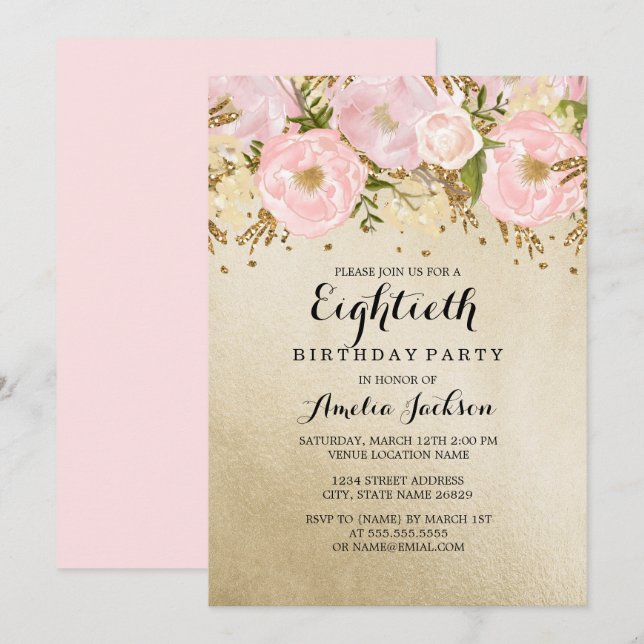 Invitation Joli Blush or rose floral 80e anniversaire (Devant / Derrière)