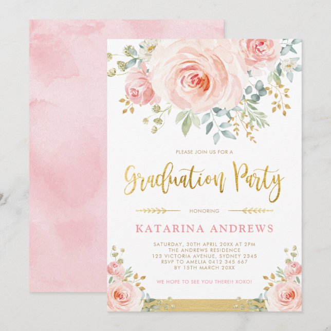 Invitation Joli Blush Pink Gold Floral Party de graduation (Devant / Derrière)