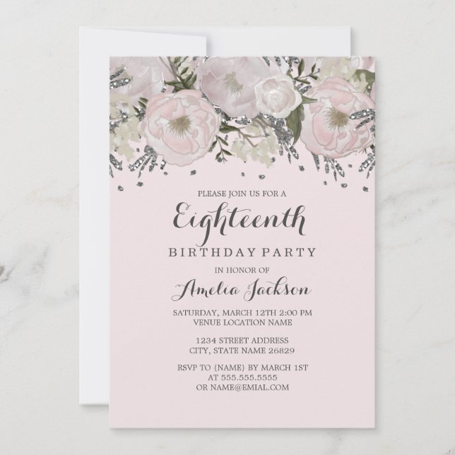 Invitation Joli Blush rose argent floral 18e anniversaire (Devant)