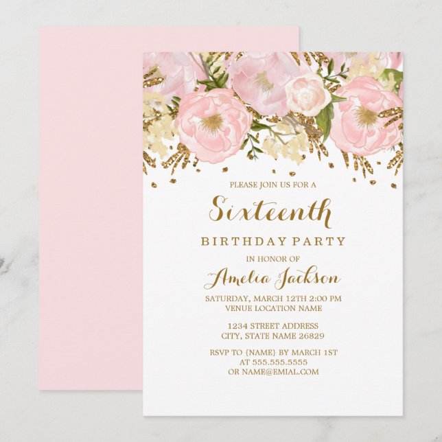 Invitation Joli Blush Rose or Floral 16e anniversaire (Devant / Derrière)