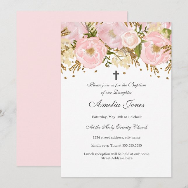 Invitation Joli Blush Rose Or Floral Girl Baptême (Devant / Derrière)