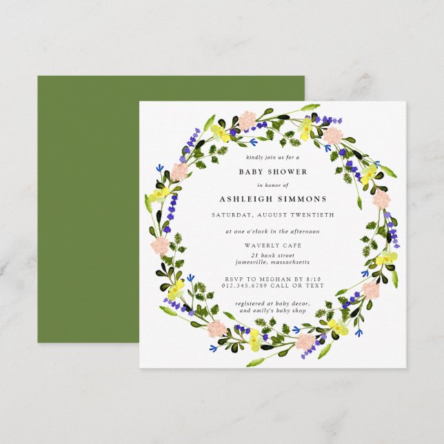 Invitation Joli Boho rose jaune Baby shower floral (Devant / Derrière)