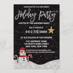Invitation Joli Bonhomme de Neige Blanc Rouge Ciel Nocturne P