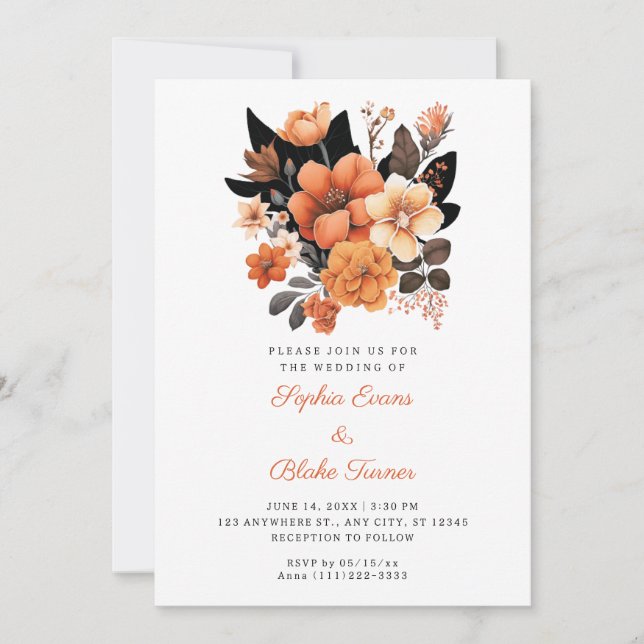 Invitation Joli Bouquet Floral Orange Chute Mariage blanc (Devant)