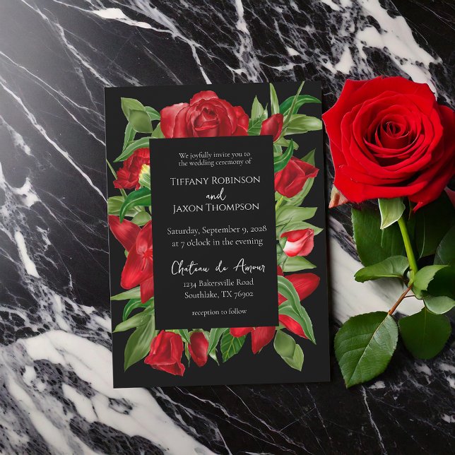 Invitation Joli Bouquet Floral Rouge Mariage noir (Créateur téléchargé)