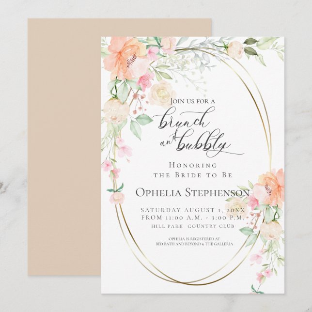 Invitation Joli Brunch & Bubbly Fleurs de printemps de corail (Devant / Derrière)