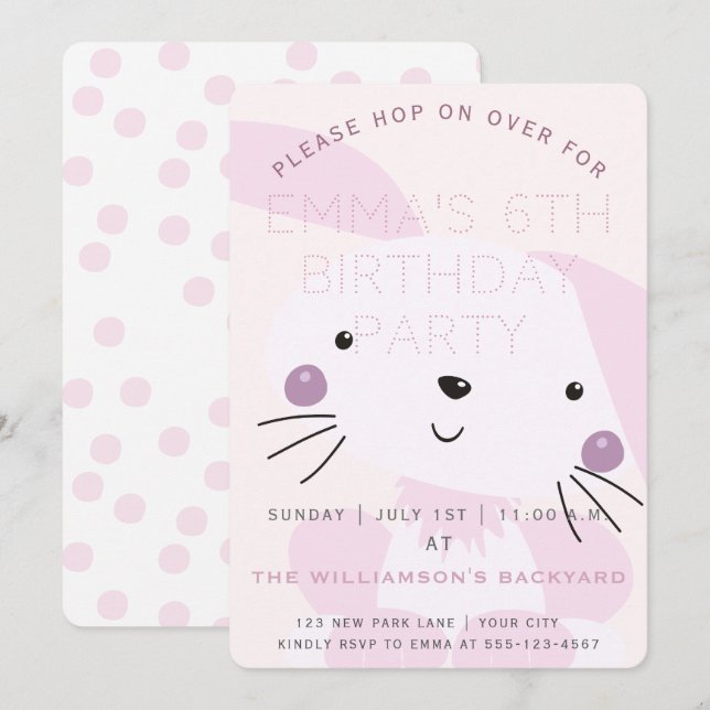 Invitation Joli Bunny rose pâle | Fête d'anniversaire des fil (Devant / Derrière)