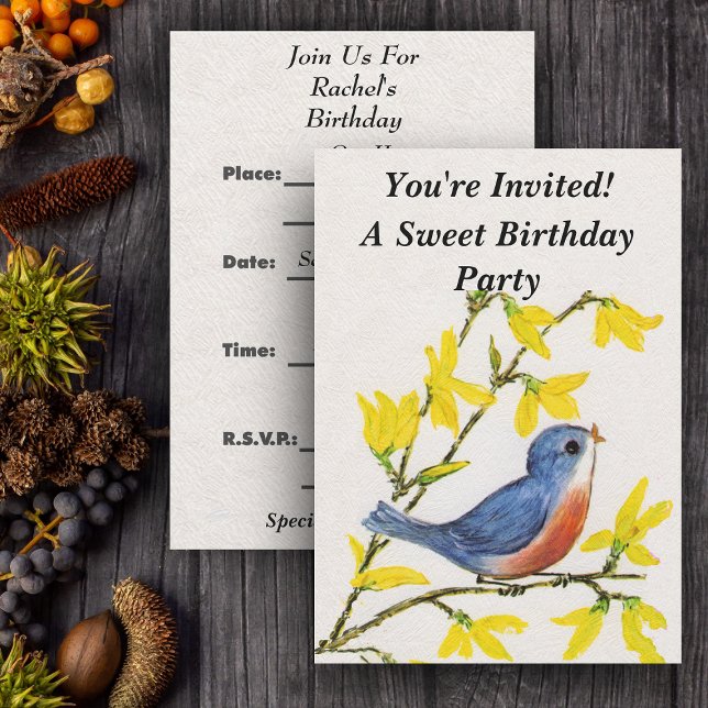 Invitation Joli Chanteur Oiseau Bleu Arbre (Cute blue red bird on branch yellow flowers on white party invitations.)