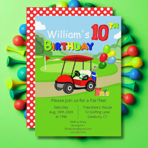 Invitation Joli chariot de golf rouge pour 10e anniversaire g