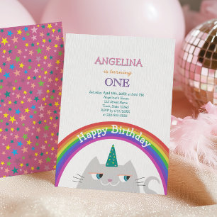 Invitation Joli Chat Arc-en-Ciel 1er Anniversaire