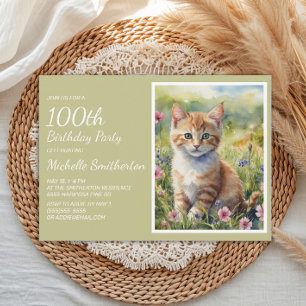 Invitation Joli Chat Jaune Orange Aquarelle 100e Anniversaire