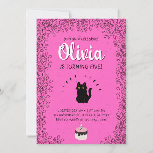 Invitation Joli chat noir sur célébration de fête rose
