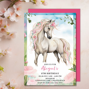 Invitation Joli Cheval blanc et Fleurs roses Anniversaire