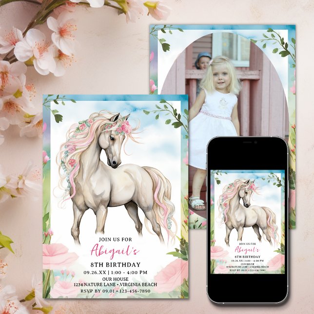 Invitation Joli Cheval blanc et Fleurs roses Photo Anniversai (Pretty White Horse and Pink Flowers Photo Birthday Invitation)