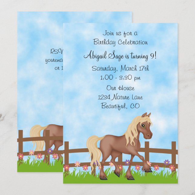 Invitation Joli cheval Brown, clôture et fleurs Anniversaire (Devant / Derrière)