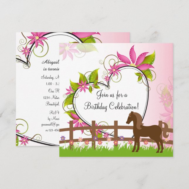 Invitation Joli Cheval Brown, Fleurs et Coeur Anniversaire (Devant / Derrière)