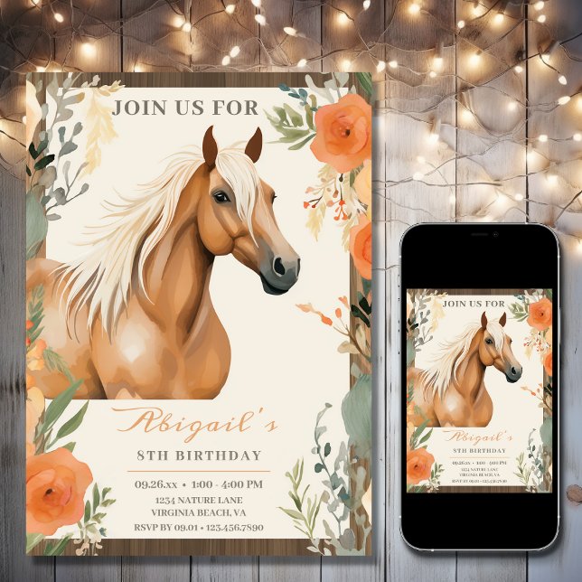 Invitation Joli Cheval et Fleurs Anniversaire (Printed and Digital - Beautiful Horse and Autumn Flowers Fall Birthday Invitation)