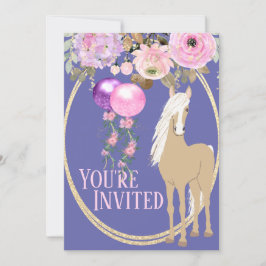 Invitation Joli Cheval et Fleurs Pink Périwinkle Anniversaire