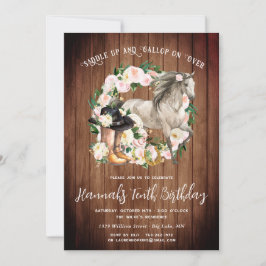 Invitation Joli cheval et fleurs sur le bois rustique Anniver