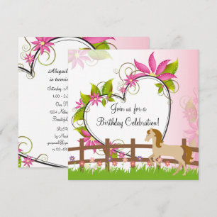 Invitation Joli cheval, Fleurs roses et Anniversaire du Coeur