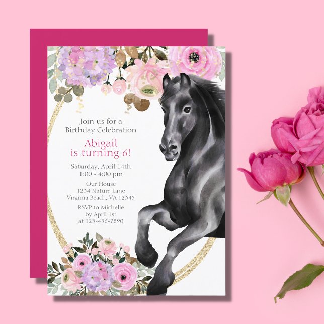 Invitation Joli Cheval Noir avec Fleurs Roses Anniversaire (Créateur téléchargé)