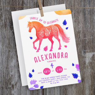 Invitation Joli cheval rose violet Derby Poney Aquarelle