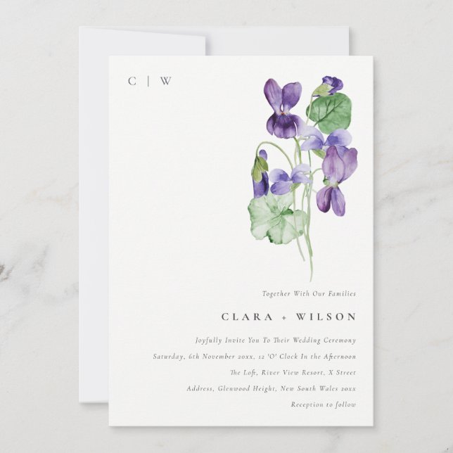 Invitation Joli Chic Monogram Violet Floral Bunal Mariage (Devant)