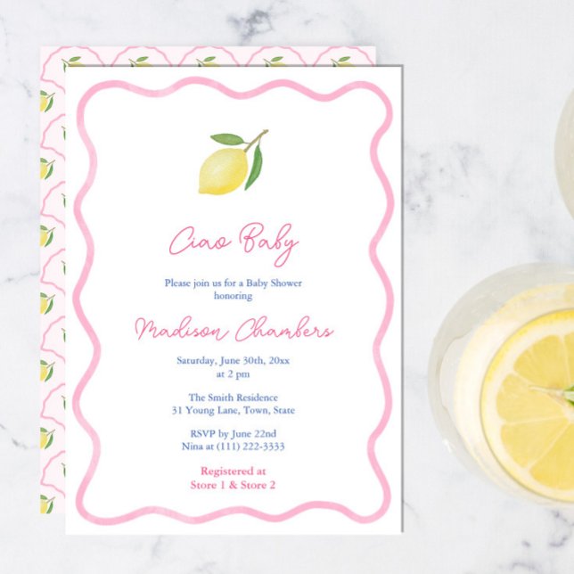 Invitation Joli Ciao rose bébé Citron Baby shower fille (Ciao Baby Pretty Pink Wavy border citrus lemons baby shower invite with scallop pattern reverse)