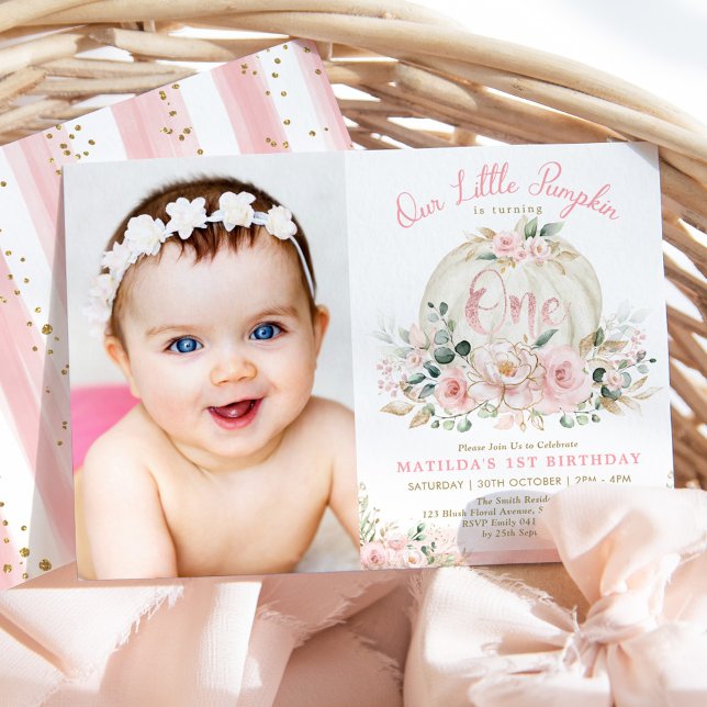 Invitation Joli Citrouille Blush Rose or Floral 1er anniversa (Créateur téléchargé)