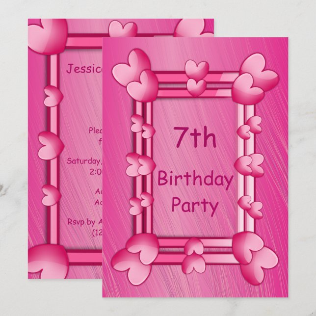 Invitation Joli Coeur rose Fille encadré 7e anniversaire (Devant / Derrière)